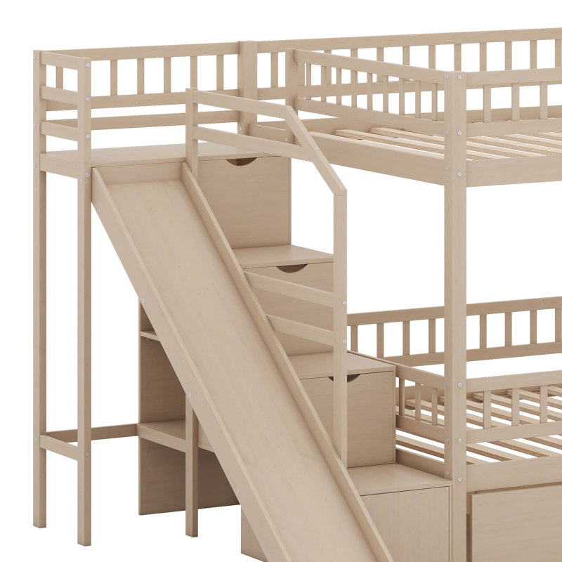 Lit superposé double avec escalier de rangement, glissade et 2 tiroirs, cadre de lit en bois massif de pin avec barrière de sécurité
