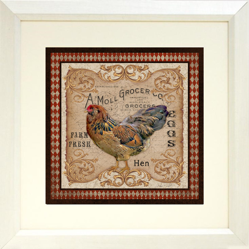« old world poule » par jean plout, affiche "abstract campagne design", H 19 po x l 19 po x P 1 po, blanc