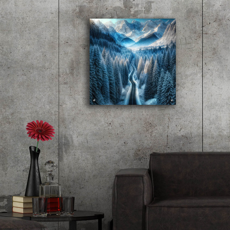 «Winter Road In Mountains» par Rey Klimt, art mural acrylique, H 24 po x l 24 po