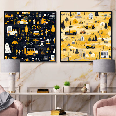 Yellow Busy Construction Zone For Boys Bedroom - Vehicles Collage Square Collage Set Of 2