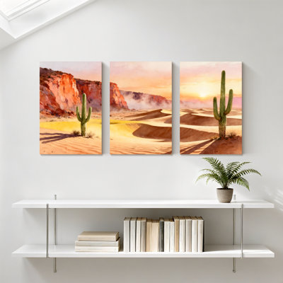 «Landscape & Nature Desert Landscape with Cactus and Sunset», ensemble de 3 impressions sur toile