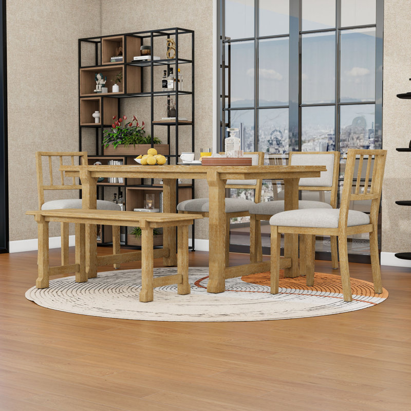 6-Piece Dining Set with Chairs and Bench, Natural Wood Wash, Natural Wood Wash, Natural Wood Wash