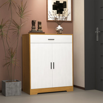 Range-chaussures, range-chaussures à 4 niveaux avec 1 tiroir, range-chaussures autoportant en bois avec 2 portes et tablettes réglables pour le vestibule