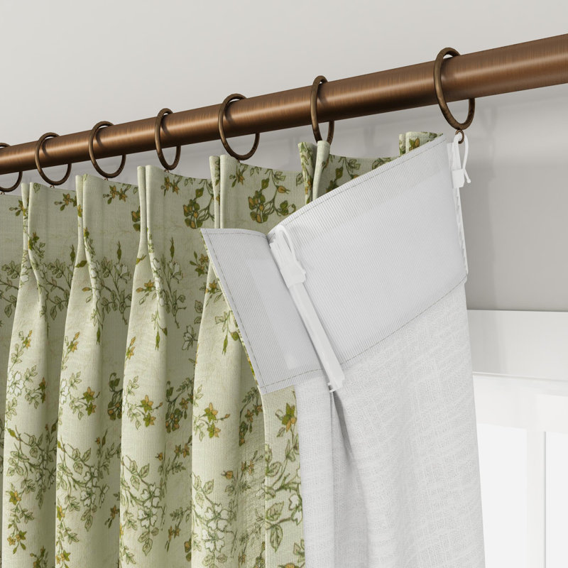 TWOPAGES Unlined Floral Curtain Printed Faux Linen Pinch Pleat Curtain, Porcelain, 26" W x 90" L