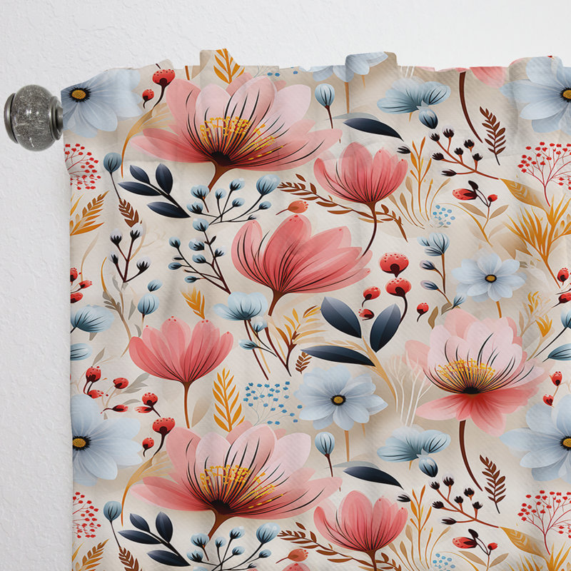 Bleu et corail rétro Poppy Dreams I - Rideau floral - Velours obscurcissant - 1 panneau, L 52 po x L 120 po