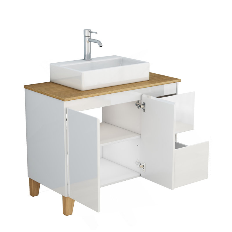 Ensemble de meuble-lavabo moderne 36 po avec lavabo combiné, 2 portes et 2 grands tiroirs, système de fermeture en douceur, conception sans poignée, comptoir et pieds en bois massif naturel, lavabo carré en céramique sur le comptoir, blanc brillant