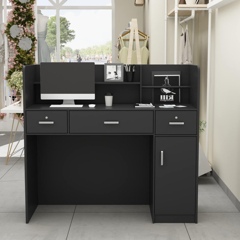 Reception Desk With Lockable Drawers Reception Counter Office Front Desk, Black