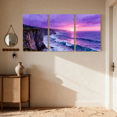 Paysage et nature, coucher de soleil mauve, océan, vagues, falaises, oiseaux, ciel, ensemble de 3 impressions sur toile