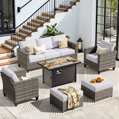7 - Person Patio Furniture Set With Chairs, Outdoor Wicker Rattan Seating Group With Cushions, All Weather Sofa Conversation Set With Fire Pit Table For Garden Backyard