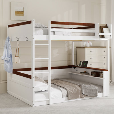 Grand lit superposé en bois avec tablettes intégrées, boîte de rangement, lumière DEL et station de charge USB, lit mezzanine pour enfants et adolescents