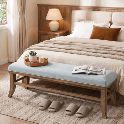 Solid Pine Wood Upholstered Bedroom Bench, Curved Leg End-of-Bed Bench Cushioned Entryway Bench