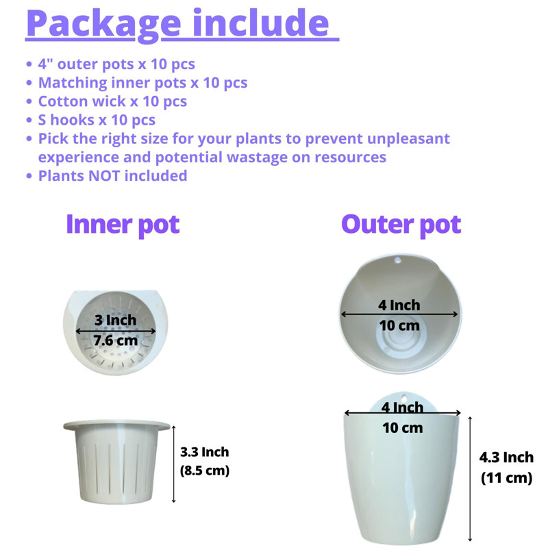 Paquet de 10 pots de fleurs et pots en plastique à arrosage automatique de 4 pouces, support à plante blanche, système vertical de pots muraux hydroponiques modernes pour plantes vivantes, jardin