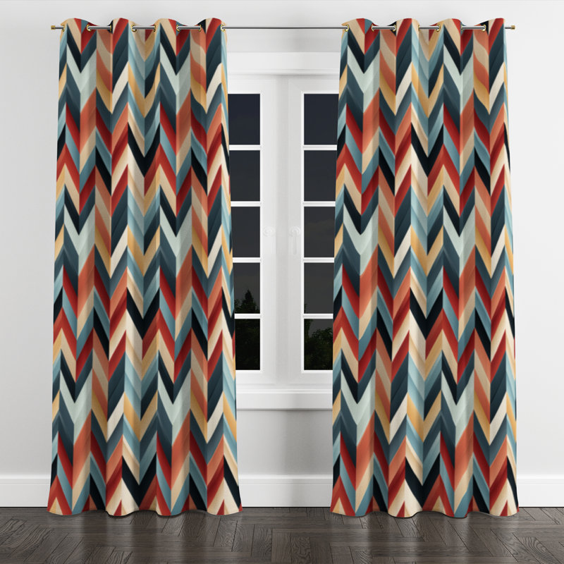Chevron géométrique rouge clair et bleu clair à œillets - 1 panneau, L 52 po x L 108 po, Œillets dorés