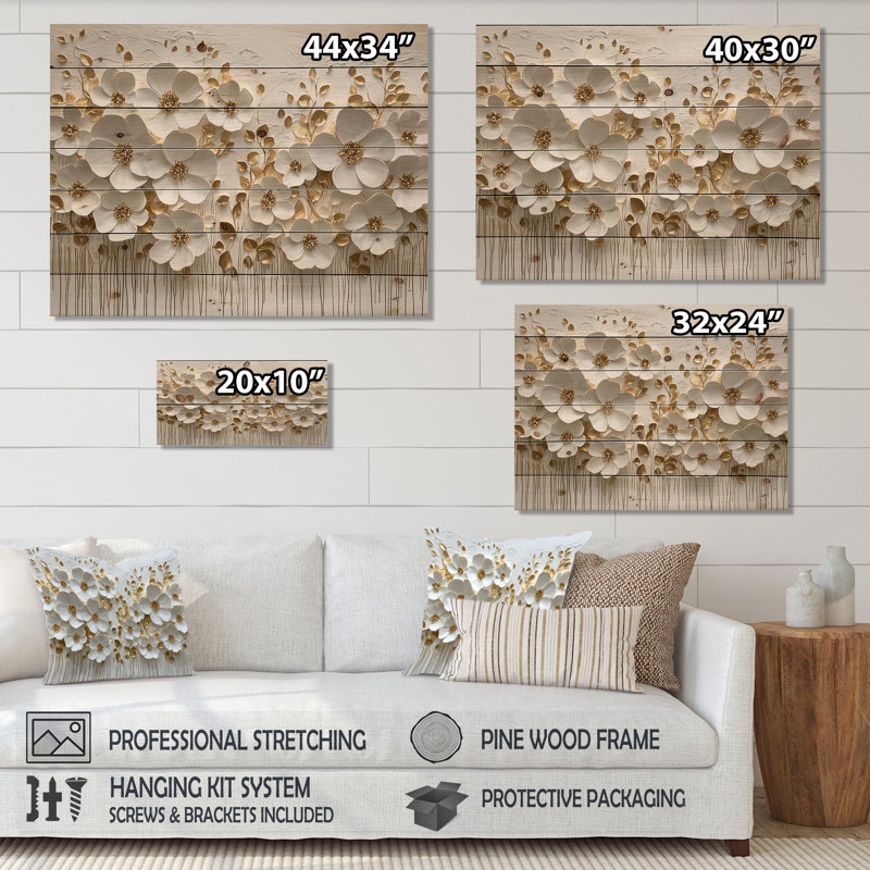 Fleur de crème pure, art mural II, sur bois de pin naturel, H 30 po x l 40 po x P 0,78 po