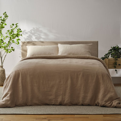 Housse de couette et taies d'oreiller 100 % lin français - Grand lit / Très grand lit - Beige