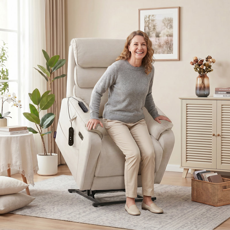  Wide Lay Flat Power Lift Recliner Chair for Elderly, Heavy Duty Oversized Fabric Lift Chairs Recliner Sofa with Heat and Massage and Charging Ports, Chenille White