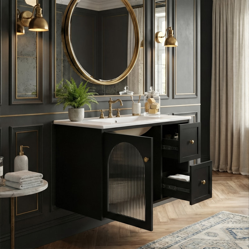 Ensemble de meuble-lavabo 24 po avec lavabo, armoire de rangement à 2 tiroirs et porte vitrée, unité murale étanche (beige / noir / blanc)