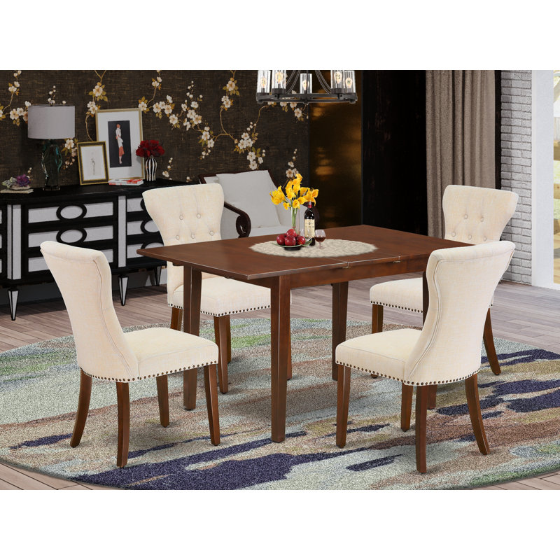 5 Piece Dining Room Table Set Includes a Rectangle Kitchen Table with Butterfly Leaf and 4 Light Beige Linen Fabric Parson Chairs, Mahogany