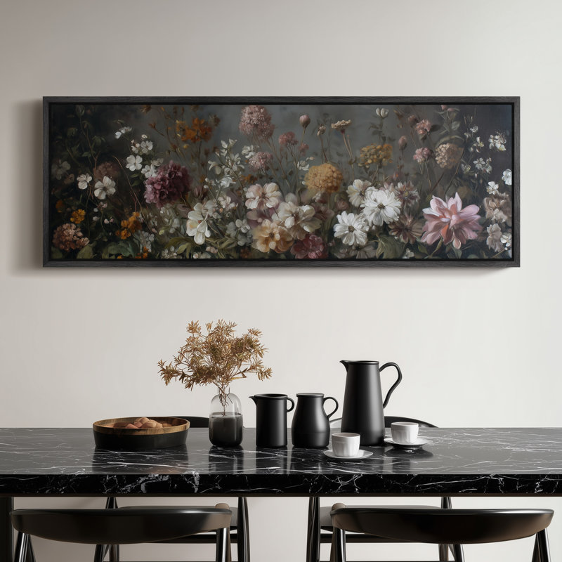 Vintage Floral Bouquet for Living Room or Dining Room Print Wall Art, 20" H x 60" W, Black