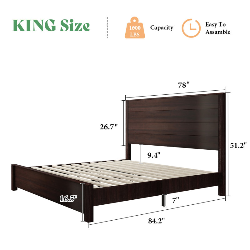 51.2" Solid Wood Bed Frame, Rustic Platform Bed With Spliced Headboard, King, Dark Brown
