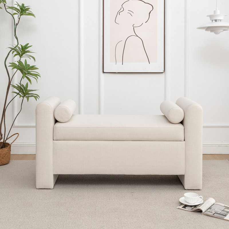 Banc de rangement rembourré en polyester Lataja, Crème, H 24 po x l 46 po x P 19,7 po