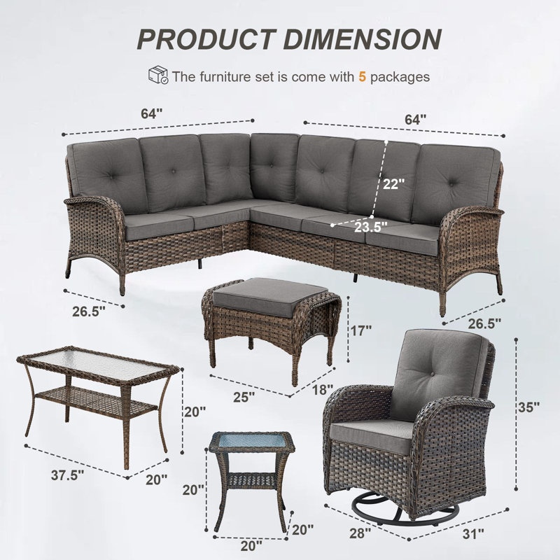 Valierius L-Shaped Outdoor Sectional Sofa Set With Swivel Chairs, Perfect For Patios & Gardens, Gray