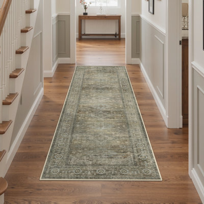 Tapis oriental sauge / gris lavable à la machine avec envers antidérapant
