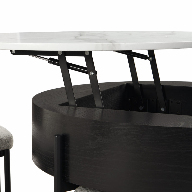 Functional and Stylish Modern Round Lift-Top Coffee Table Set with Three Ottomans for Enhanced Living Space Utility, Black