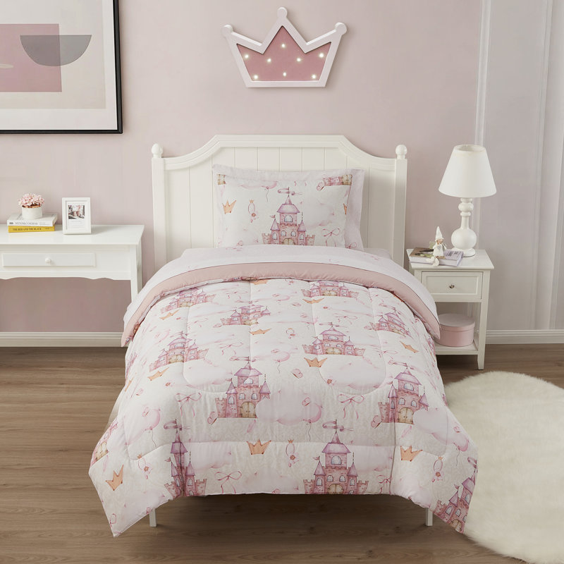 Fairytale Princess Pink Printed Kids Bedding Set with Comforter