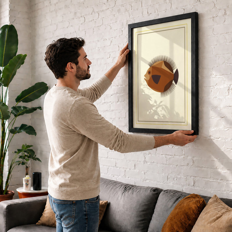 Geometric Fish Mid-Century - Framed Print, A3 - 42.0 x 29.7 cm, White