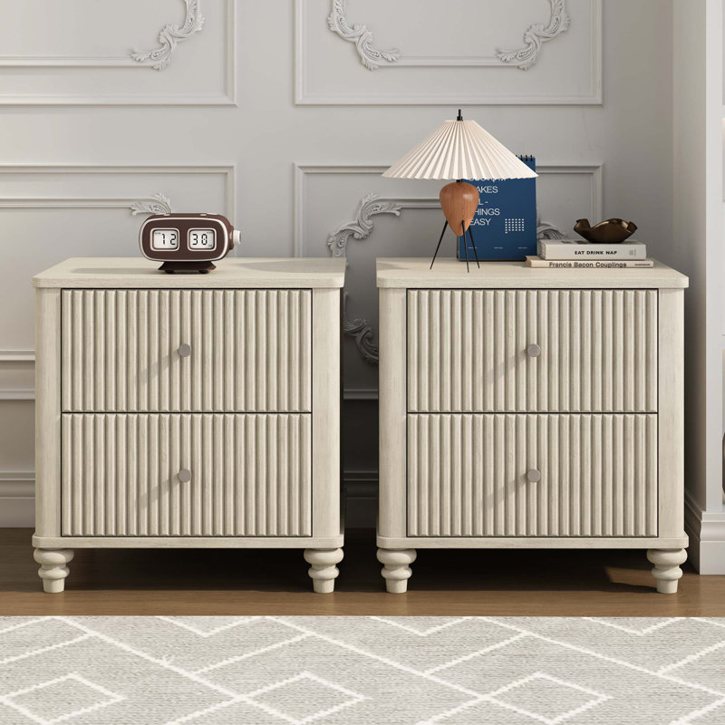 Fluted Nightstand 2-Piece Set, Side Table With 3 Drawers, Mid Century Modern Wood Nightstand With Metal Handle, Wooden Bedside End Table