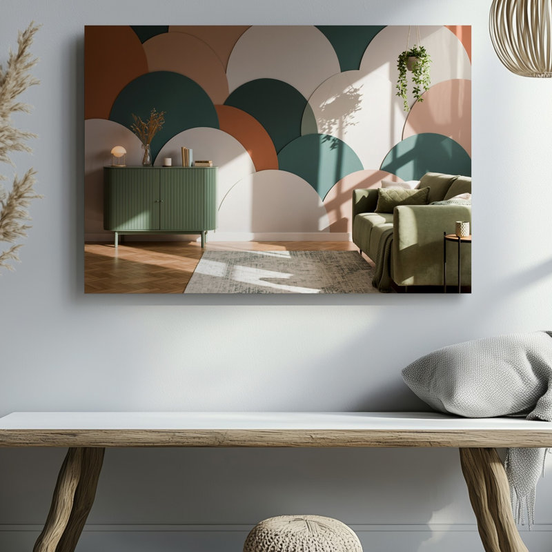 Toile, une scène intérieure moderne avec un salon élégant avec art mural, une murale géométrique composée de cercles qui se chevauchent