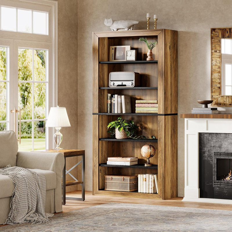 Bookcase, 7 Tiers Wood Open Display Floor Bookshelf, Vintage Open Display Storage Shelves TV Stand (1, Black+Brown)