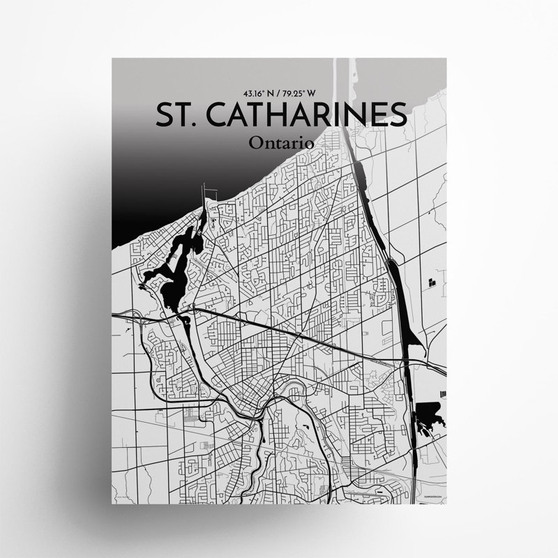 St. Catharines City Map, impression, Noir / blanc, H 24 po x l 18 po
