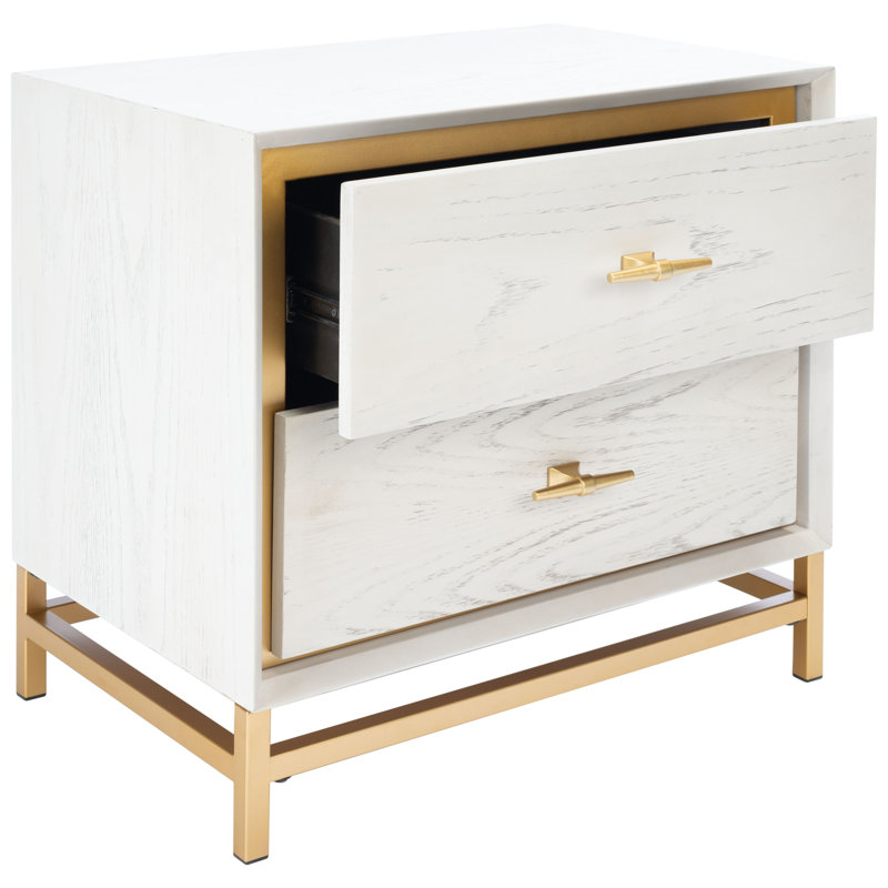 Élégante et moderne table de chevet de 23 po de largeur Xan - Design élégant de style Mid-Century avec base en laiton et deux tiroirs