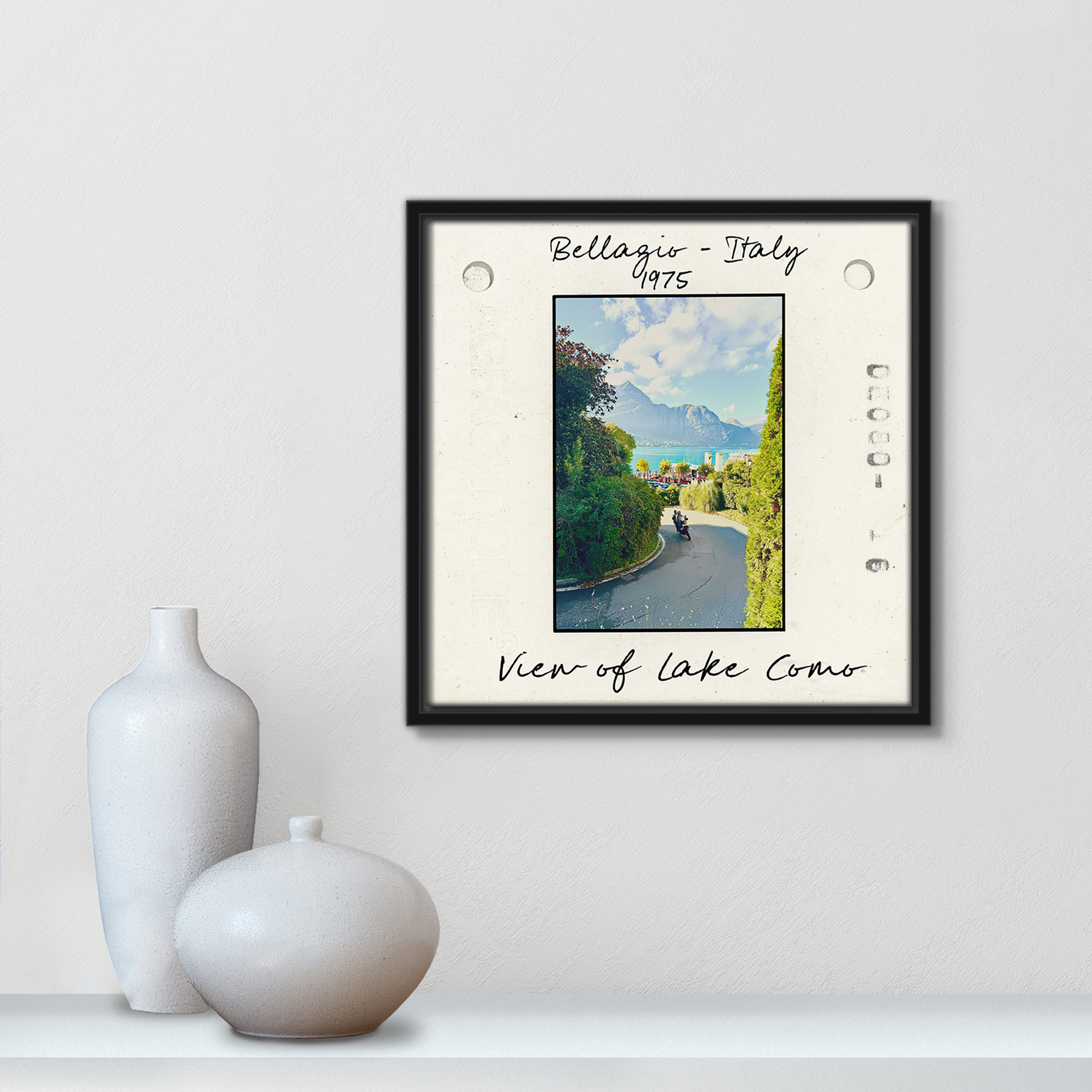 Belaggio, Italy - View of Lake Como Print by Susan Jill, 13.5" H x 13.5" W x 2" D, Black Floater Framed Canvas
