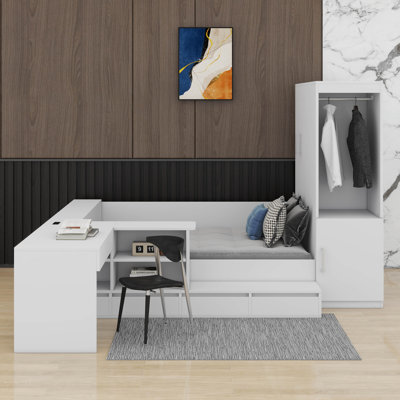 Lit plateforme double en bois avec 6 tiroirs, garde-robe, bureau et tablettes