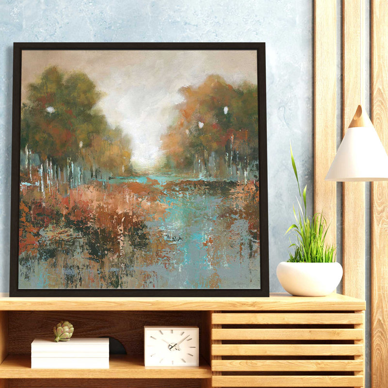 «Autumn Walk» par Carol Robinson - Peinture, L 39,5 po x H 39,5 po, Encadrement brun