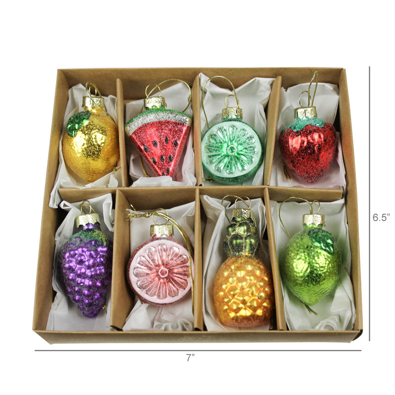 Ornements de fruits, verre, boîte / 8 boîtes: 7 x 6,5 x 1,5, ornements: 1,5 po x 1,5 po - 2,5 po