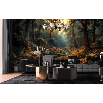 Murale de ruisseau de forêt enchantée ensoleillée, boisé, arbres d'automne, ruisseau, conte de fées, scène naturelle, décoration murale pour la maison