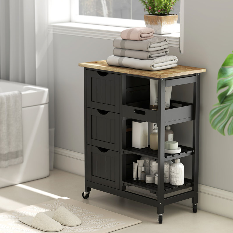 Nashley Rolling Kitchen Cart, Bar Serving Cart, Compact Trolley On Wheels With Wood Top, Shelves & Drawers For Home Dining Area