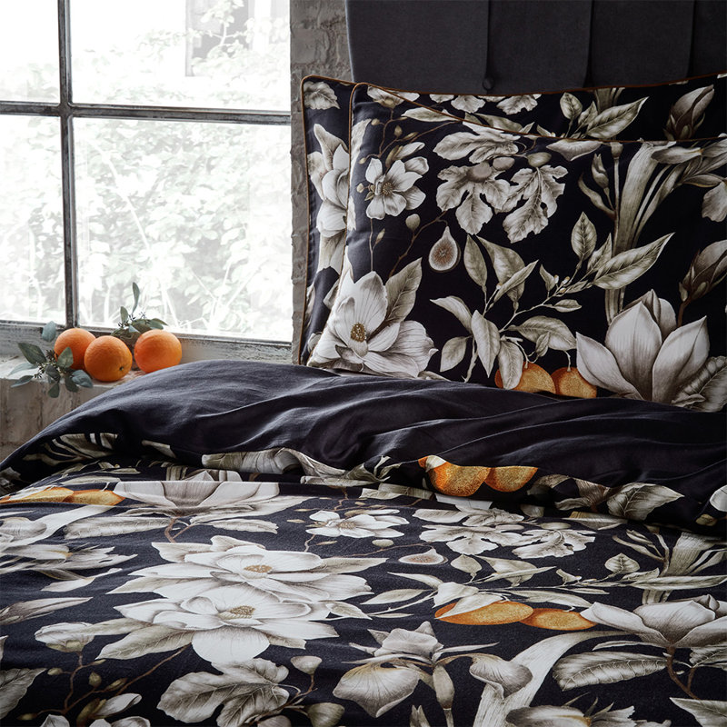 Cotton Floral Duvet Cover Set with Pillowcases, Black, Kingsize - 2 Standard Pillowcases