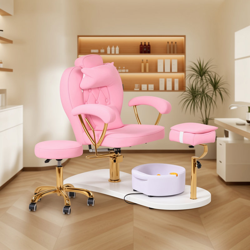 Professional Pedicure Chair with Stool and Removable Massage Foot Bath, Hydraulic Reclining Pedicure Station with Adjustable Height, 360° Swivel
