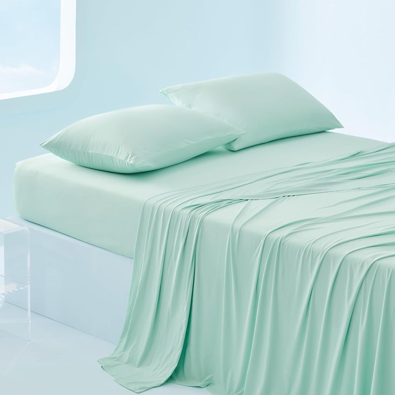 Draps rafraîchissants pour lit avec poche profonde jusqu'à 17,5 po, Vert, Ensemble de draps pour lit simple avec 1 taie d'or