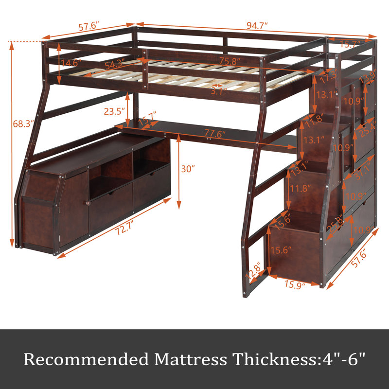 Lit mezzanine double avec 7 tiroirs, 2 tablettes et un bureau, Espresso