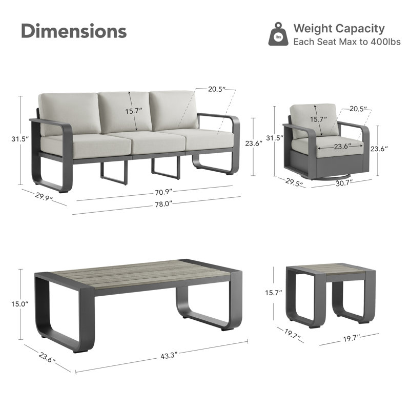 Ensemble de conversation de patio pour 5 personnes avec coussins, 6 Pcs: 2 Chairs, Coffee Table, 2 End Tables, Sofa, Black