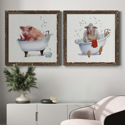 «Farm Tub Pig», ensemble de 2 peintures sur toile encadrées