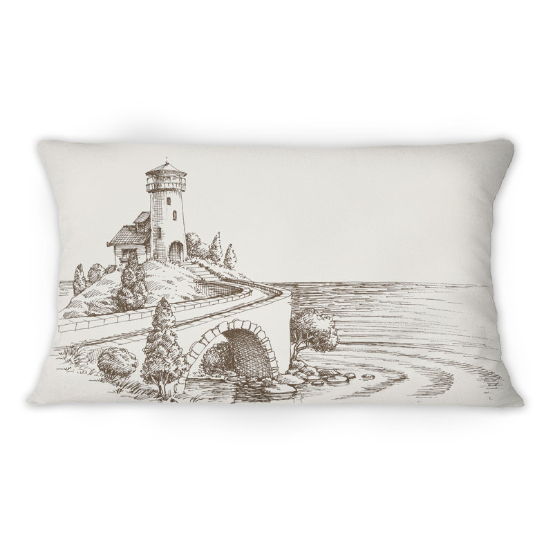 Tour de guet au bord de la mer en noir et blanc - Coussin décoratif imprimé nautique et côtier 12 po x 20 po