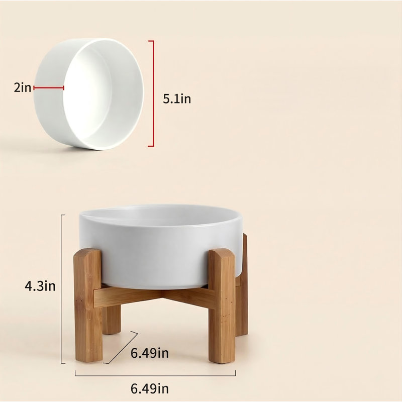 Ensemble de bols pour chien de 5,1 po en céramique surélevée pour petites races, avec support, caoutchouc antidérapant, 13,5 oz / 1,7 tasses chacun, blanc