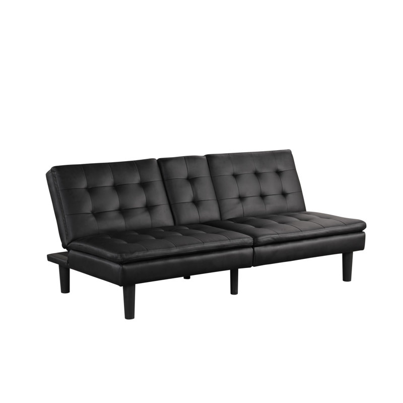 Black Contemporary Futon Sofa Bed with USB Charging Ports and Drop-Down Cup Holder Table, Black